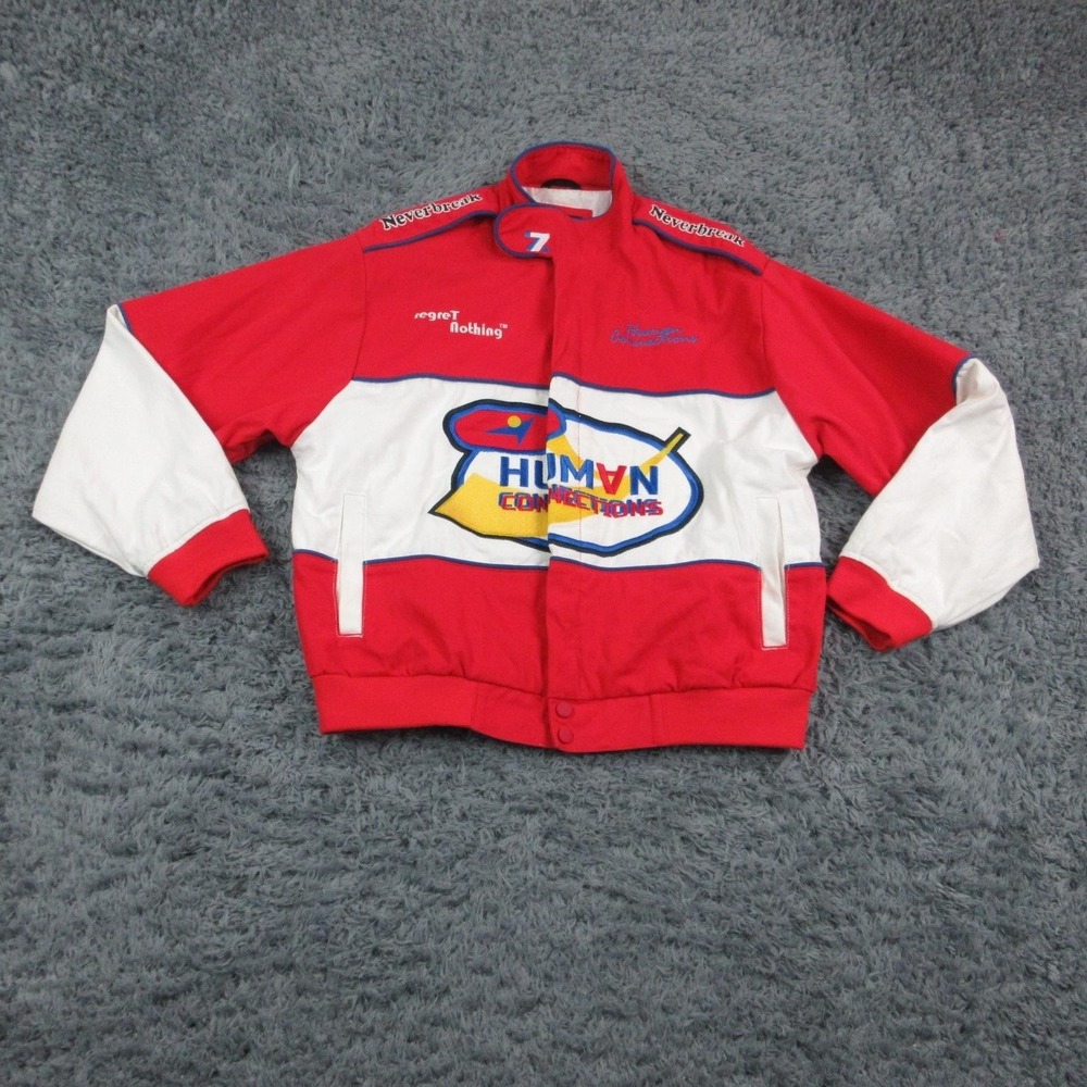 Zara Human Connections Jacket Mens Large Red Racing Bomber Snap Embroidered